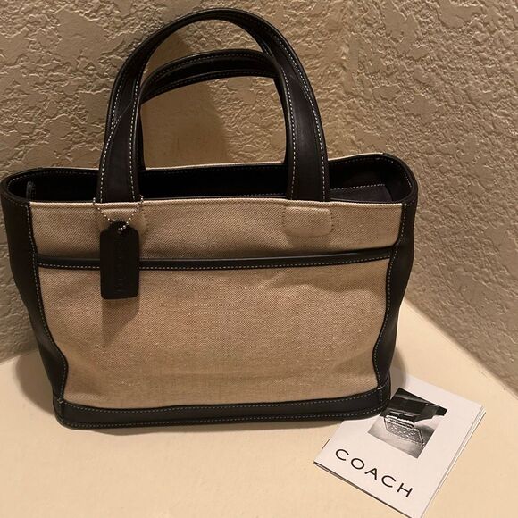 Coach Bleeker Leather Trim Linen Canvas Tote Bag Top Handle Coastal Minimalist - Picture 1 of 15